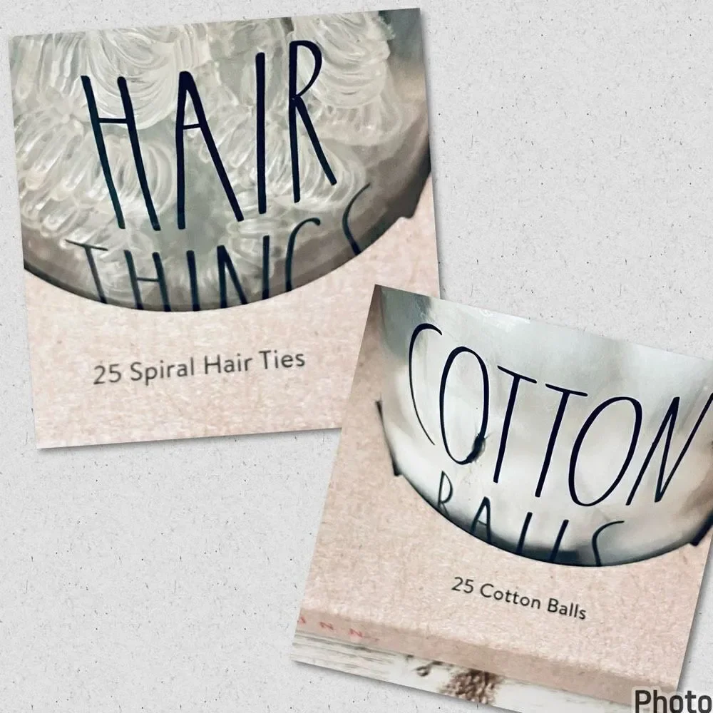 NWT Rae Dunn HAIR THINGS COTTON BALLS Spiral Hair Ties 25 each 2 Jar set w lids